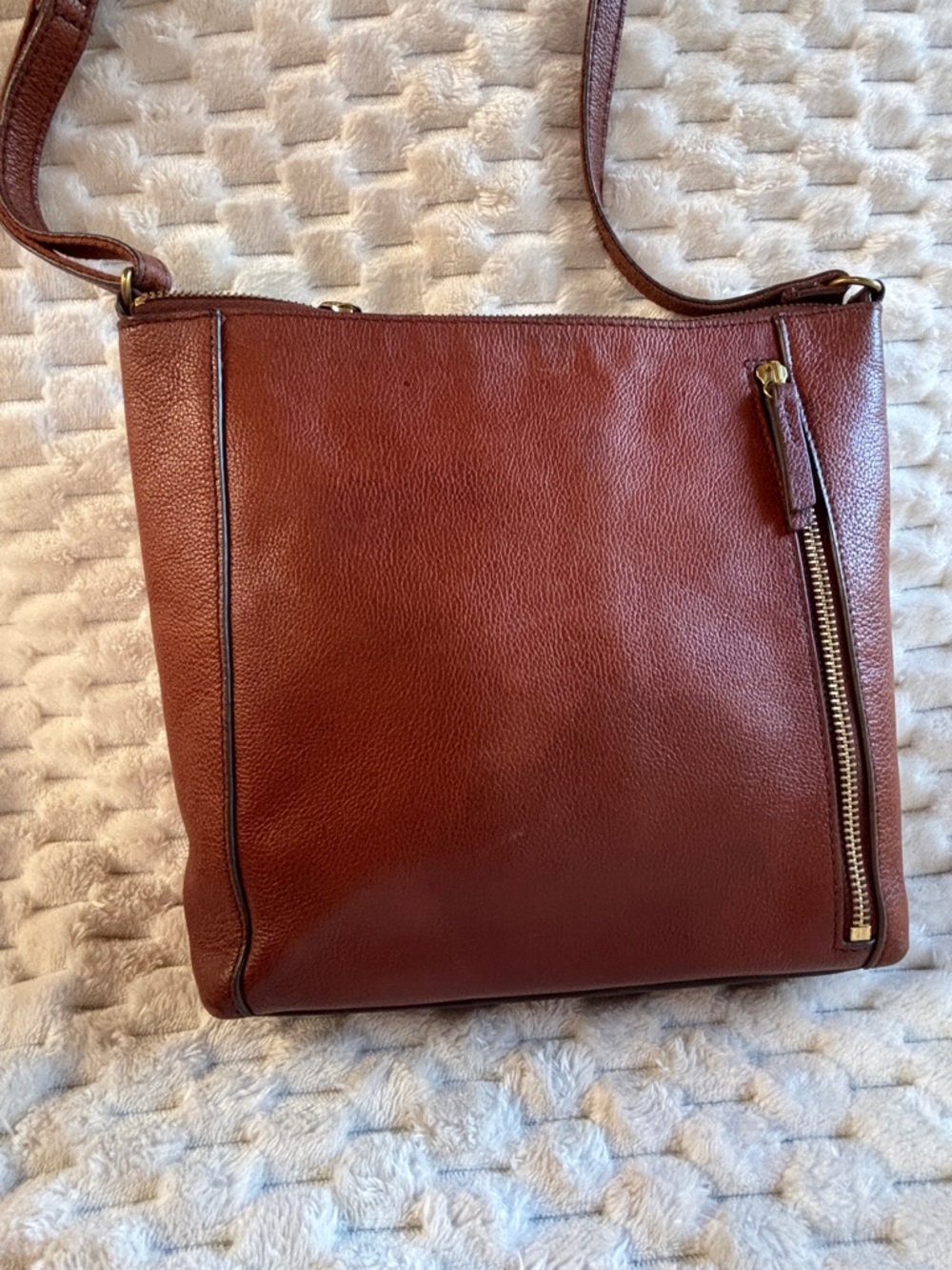 Fossil Brown Pebbled Leather Shoulder Bag Crossbody Zip Pocket
